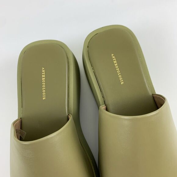 Anthropologie Leather High Platform Wedge Sandal Green Slip On Womens 38 US 7.5 - Picture 5 of 15
